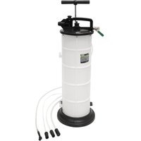 White Siegen S01168 vacuum oil extractor with black handle, base, and multiple flexible hoses.