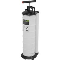 White Siegen S01169 vacuum oil extractor with black handle, cylindrical body, and attached transparent hose.