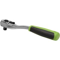 Silver Siegen 1/4" drive offset ratchet with a green and black ergonomic handle.