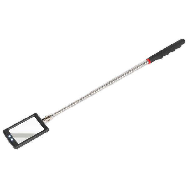 Telescopic inspection mirror with a rectangular reflective surface, black frame, two built-in LEDs, and a silver extendable handle featuring a textured black grip.