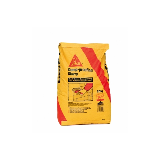 Yellow and red bag of Sika Damp-Proofing Slurry, labeled as ready-to-use damp-proofing and waterproofing coating, weighing 25 kg.