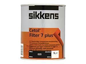 Translucent ebony woodstain in a cylindrical can, labeled "Sikkens Cetol Filter 7 Plus," featuring a 1-liter capacity and UV protection details on the packaging.