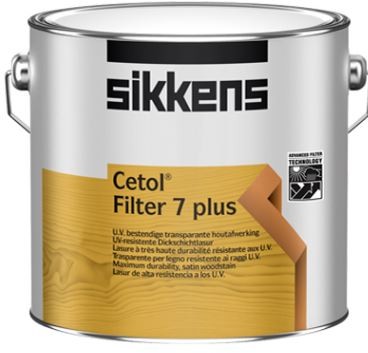Sikkens Cetol Filter 7 Plus 077 in a 1L metal can, featuring a wood grain design, UV-resistant finish, and a satin sheen, ideal for enhancing and protecting pine wood surfaces.