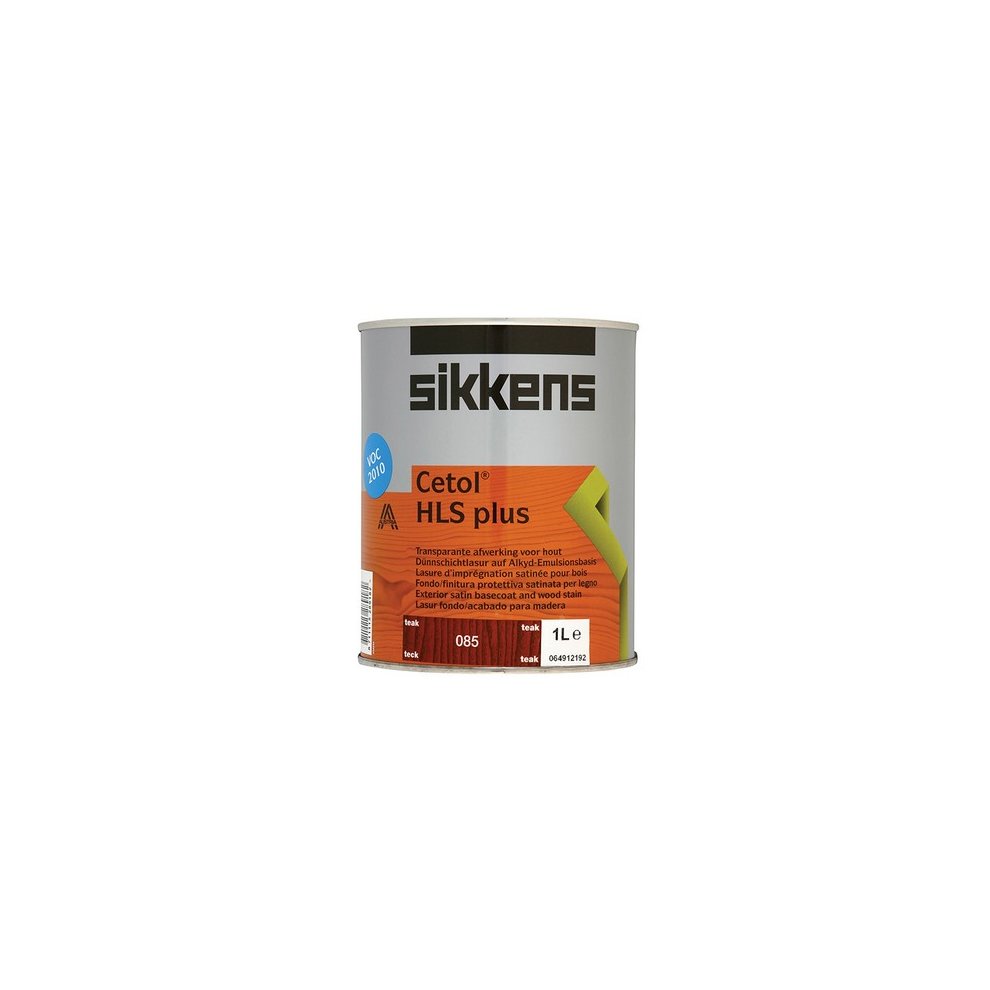 Sikkens Cetol HLS Plus Translucent Woodstain in Teak color, 1-litre metal can featuring a bright orange label with black text and a green arrow, designed for wood protection.