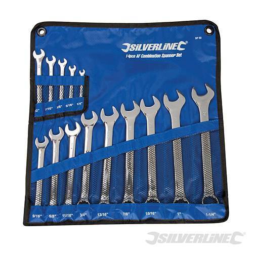 14-piece Silverline combination spanner set in a blue fabric holder, featuring chrome-plated steel spanners ranging from 1/4" to 1-1/4" with a polished finish.