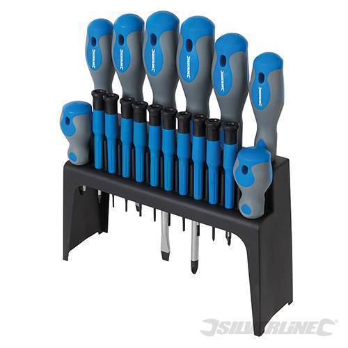 Silverline 18-piece soft-grip screwdriver set featuring blue and gray handles, with various sizes and types of screwdrivers arranged on a black stand.