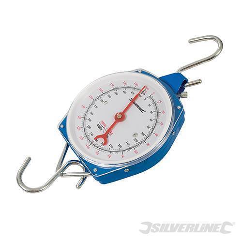 Heavy-duty Silverline hanging scales with a blue casing, clear dial, red pointer, and metal hooks, capable of measuring up to 200kg.