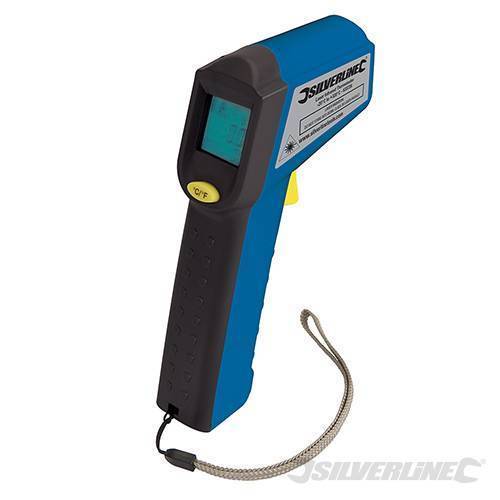 Silverline Laser Infrared Thermometer in blue and black, featuring a digital display, trigger for operation, and a temperature range of -38°C to +520°C.