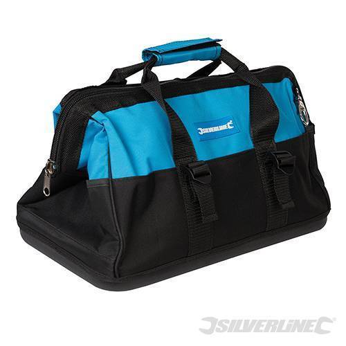 Durable black and blue tool bag with a hard base, wide mouth opening, dual handles, and multiple exterior pockets, measuring 400 x 200 x 300mm.