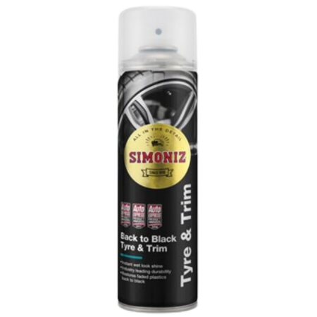 Black aerosol can with a silver cap, labeled "Simoniz Back to Black Tyre & Trim" in white and gold, featuring a glossy finish and icons for durability and protection.