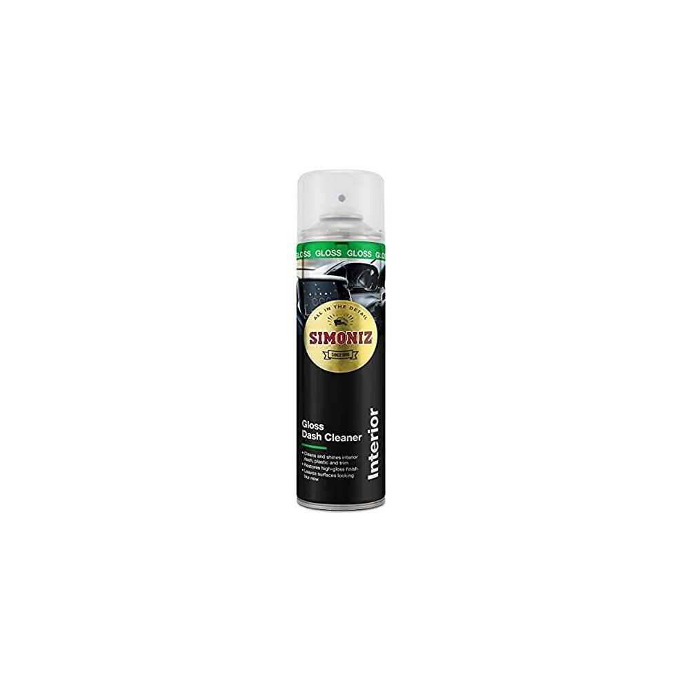 Black and green spray can of Simoniz Gloss Dash Cleaner, featuring a lemon scent label and a glossy finish, designed for interior surfaces, 500ml capacity.