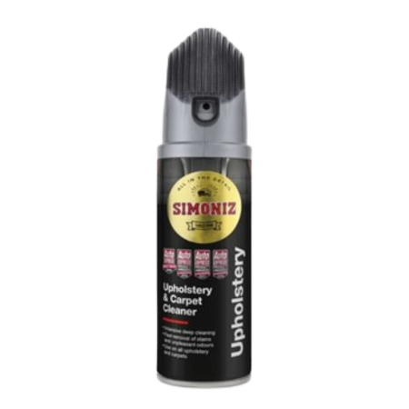 Black and silver aerosol can of Simoniz Upholstery & Carpet Cleaner, featuring a textured cap and bold text highlighting its purpose and brand.
