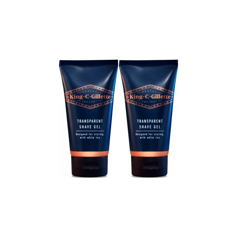 Two tubes of King C. Gillette Transparent Shave Gel, featuring a navy blue design with orange accents, labeled for styling and containing white tea.