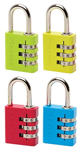Four Master Lock combination locks in vibrant colors: green, yellow, red, and blue, each with a shiny metal shackle and a dial featuring numbers 0-9 for setting combinations.