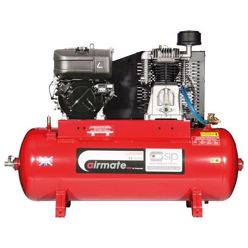 Red industrial petrol compressor with a black engine, featuring a large air tank, metal construction, and a blue air hose, labeled with SIP branding and a Union Jack emblem.