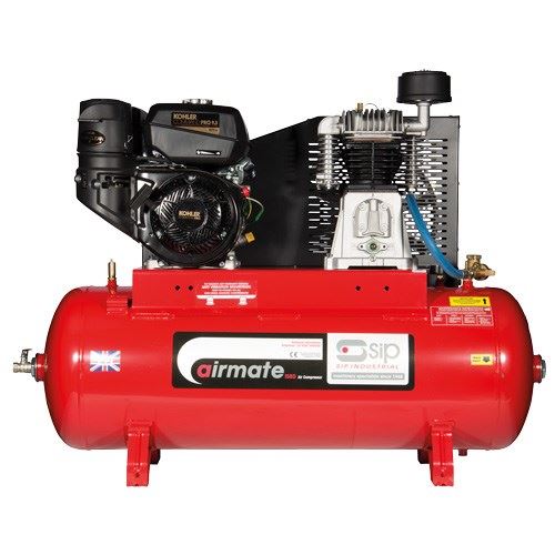 Red industrial petrol compressor with a black engine, featuring a large air tank, cooling fins, and a blue pressure hose, labeled with SIP branding and a Union Jack emblem.