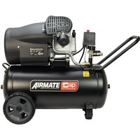 Black SIP V-Twin Direct Drive Compressor with 50L tank, two wheels, handle, and visible motor components.