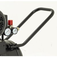 Black SIP belt drive compressor with dual pressure gauges, red valve, and sturdy handle.