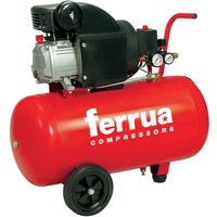 Red SIP 06459 Rc2/50 compressor with black motor, pressure gauges, and wheels, featuring "ferrua compressors" branding.