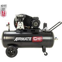 Black SIP Airmate 3HP belt drive compressor with 150L tank, dual wheels, and red branding label.