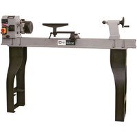 Gray SIP 14" x 43" swivel head wood lathe with black legs, motor on left, tool rest in center, and tailstock on right.