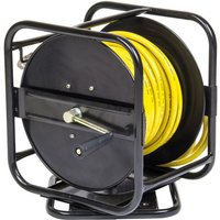 Black SIP 30m swivel air hose reel with yellow hose, sturdy metal frame, and manual winding handle.