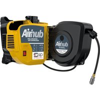 "Yellow and black SIP AirHub wall-mounted direct drive compressor with hose reel and branded logo"