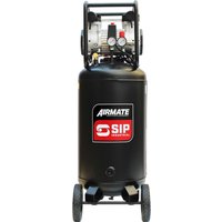 Black vertical compressor with SIP logo, dual gauges, and wheels; 100L capacity, oil-free, low noise design.