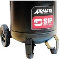 Black SIP vertical compressor with red logo, two wheels, and sturdy metal base.