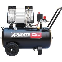 Black SIP compressor with dual silver cylinders, 50L tank, pressure gauges, and wheels for mobility.