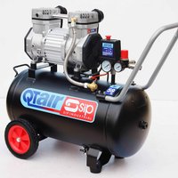 Black SIP Qt Air 1.5Hp compressor with 50L tank, red wheels, pressure gauges, and ultra-low noise oil-free motor.