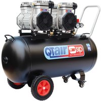 Black SIP Qt Air compressor, dual silver motors, red wheels, 100L tank, ultra low noise, oil-free, direct drive.