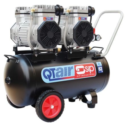 Black metal air compressor with dual silver motors, red wheels, and a pressure gauge, featuring a 50L tank and 3 HP power, designed for 8 bar pressure.