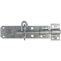 Galvanised Sirius Brenton padbolt with rectangular base and fixings, featuring a sliding bolt and loop latch.