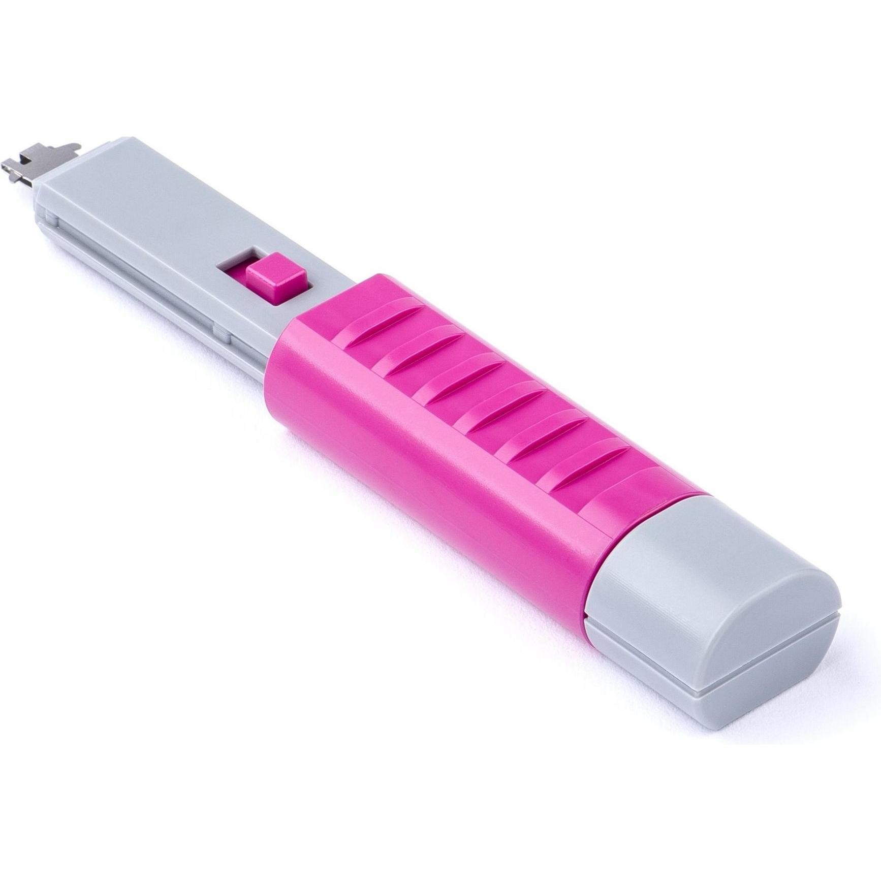 Pink and gray port blocker tool with a textured grip, featuring a sliding mechanism and a key for securing ports, designed for preventing unauthorized access.
