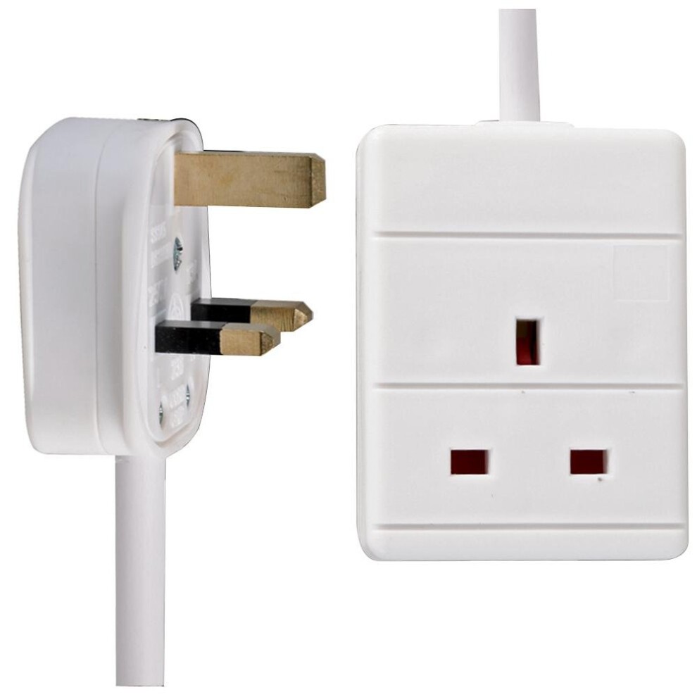 White 1 gang mains extension lead with a 2m cable, featuring a three-pin plug and a single socket, designed for indoor use.