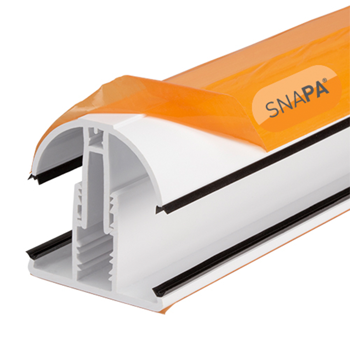 Snapa Lean-to Bar in orange and white, featuring a cross-section view that highlights its durable plastic material and integrated endcap, measuring 2.5m in length.