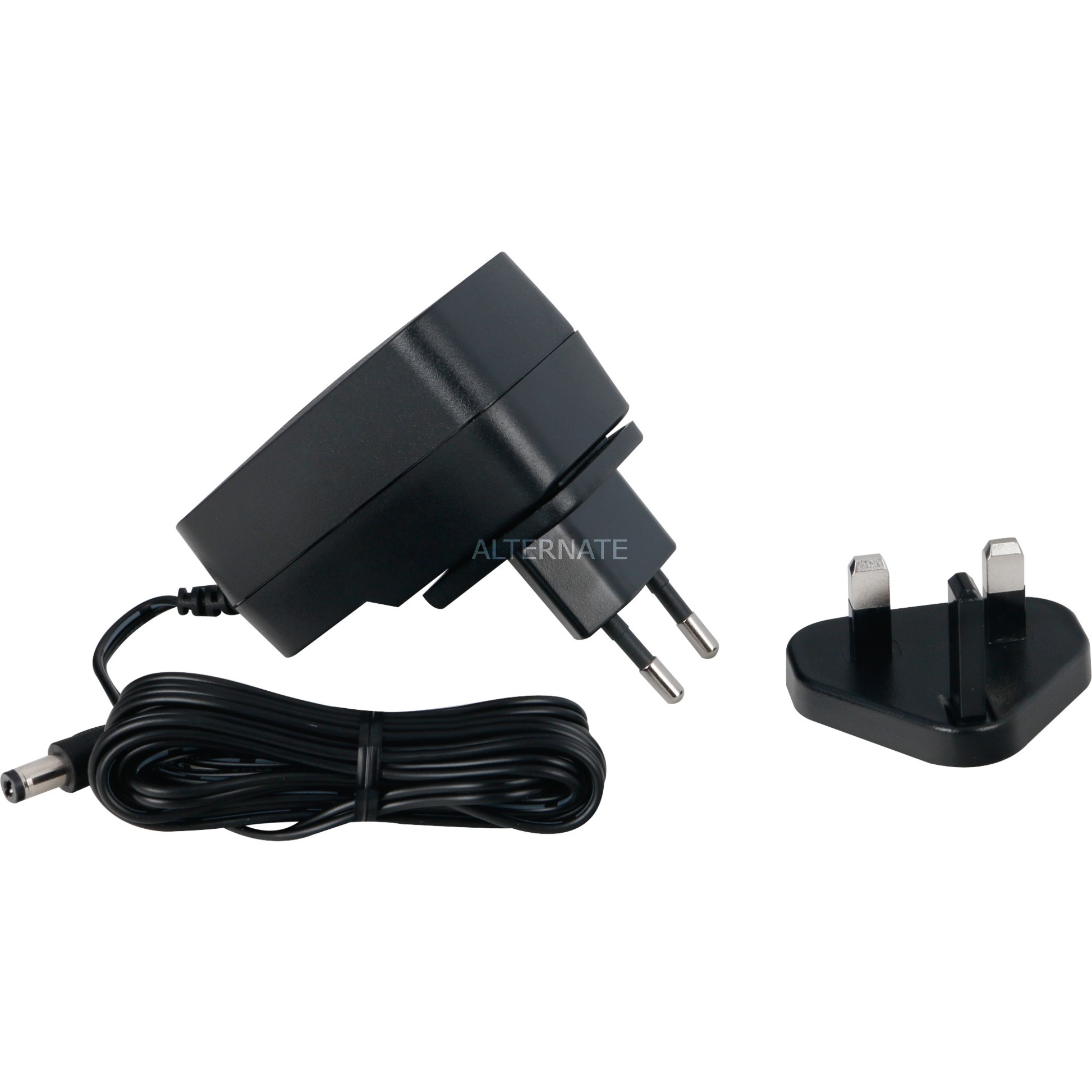 Black 10W power adapter inverter with a two-prong plug, featuring a detachable UK plug and a coiled cable for Snom devices.