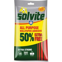 Solvite All Purpose Wallpaper Adhesive Paste in yellow and red packaging with 50% extra free label.