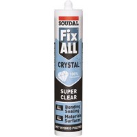 Clear Soudal Fix All Crystal 290ml cartridge with blue and black label, featuring bonding, sealing, and material surfaces.