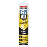 Soudal Fix All Turbo White 290Ml cartridge with yellow and black label, featuring "Super Fast" and bonding claims.