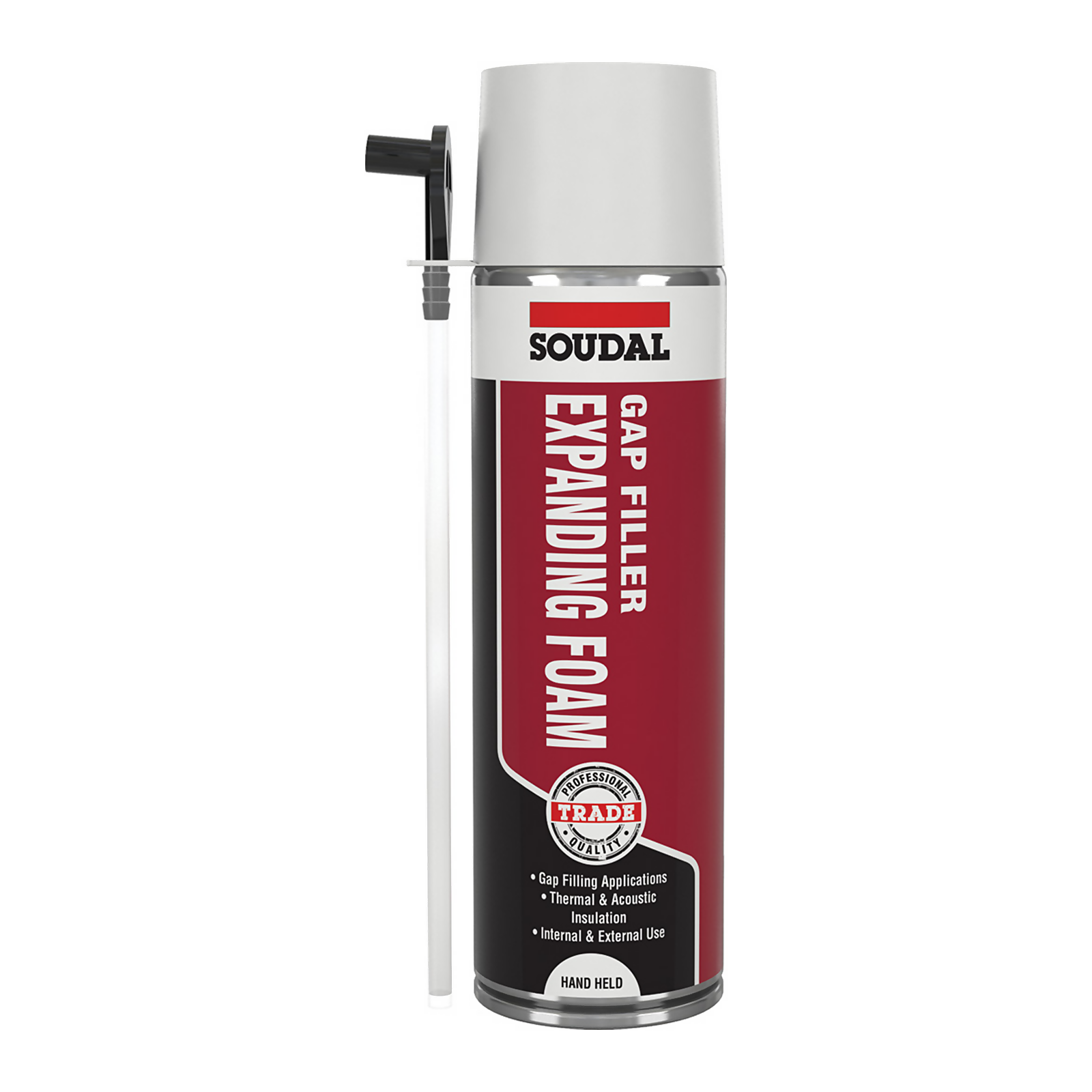 Soudal Trade Gap Filler is a 500ml hand-held can with a silver top and red label, featuring a nozzle for precise application of expanding foam for gap filling.