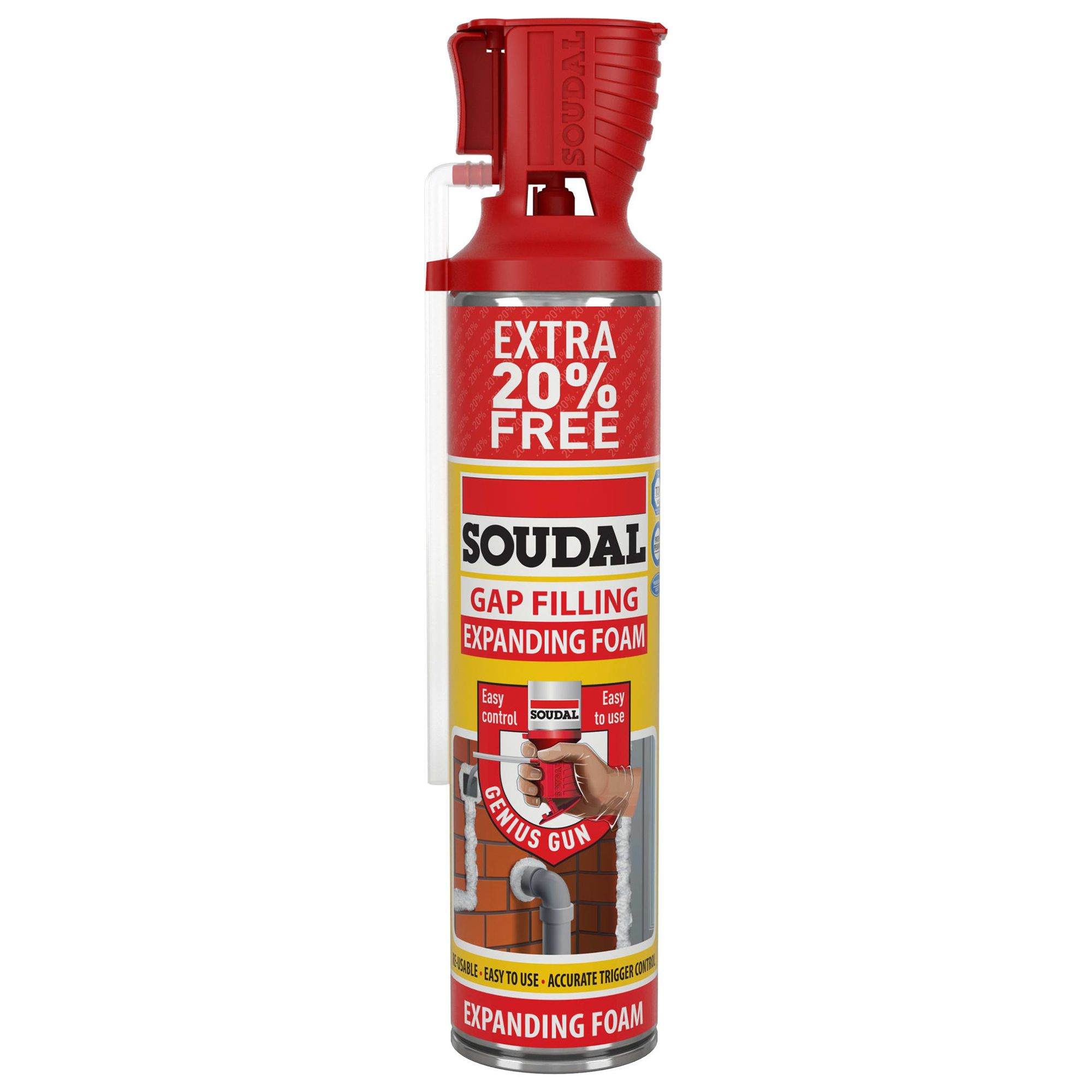 Red and white aerosol can of Soudal Hand-Held Gap Filling Expanding Foam, featuring a nozzle for easy application and a label indicating "Extra 20% Free."
