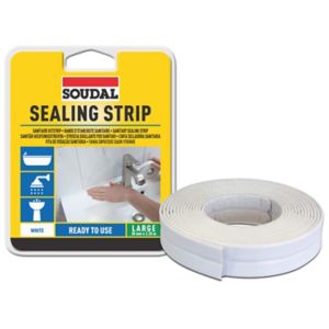 White rectangular sealant strip, 3.35 meters long and 38mm wide, packaged in a yellow and white box, designed for waterproof sealing in bathrooms and kitchens.
