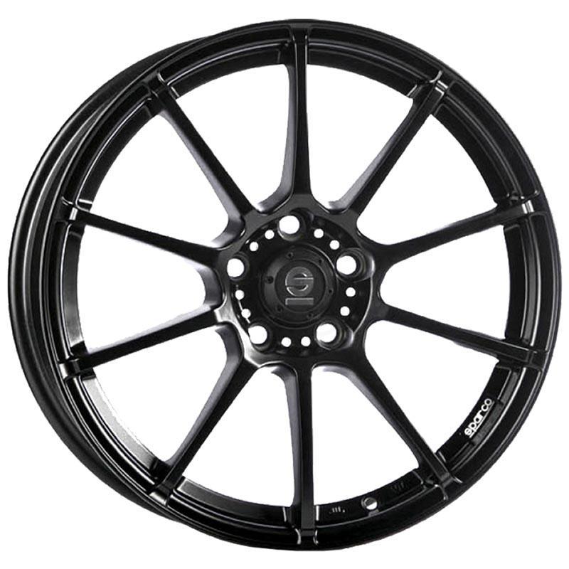 Sparco Wheels Assetto Gara alloy wheel in matte black, featuring a sleek design with 10 spokes, 18x8 inch size, ET45 offset, 5x114.3 PCD, and 63.3mm centre bore.