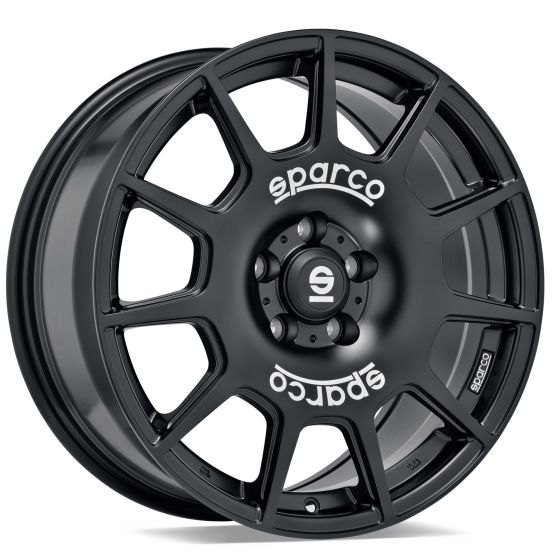 Sparco Wheels Terra Alloy Wheel in matte black with white lettering, featuring a sleek 10-spoke design, 18x8 inch size, ET45 offset, and 5x112 PCD, sold as a set of four.