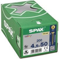 Green box of SPAX PZ Flat Countersunk Screws, Yellox Coated, 4.5 x 50mm, Qty 200, with product details on label.