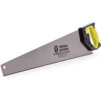 Spear & Jackson 22” hand saw with silver blade, black and neon green ergonomic handle, and Predator branding.