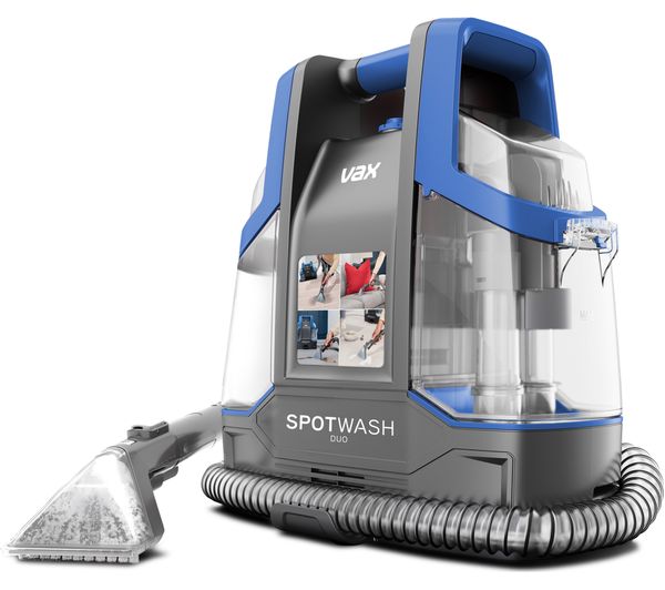 Vax SpotWash Duo spot cleaner in blue and grey, featuring a transparent water tank, a detachable hose, and a cleaning nozzle for targeted stain removal.