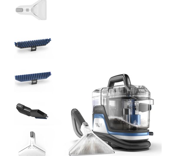 Vax CDSW-MPXP Spotwash Home Duo Carpet Washer features a transparent tank, black and blue accents, and includes multiple cleaning attachments for versatile use.